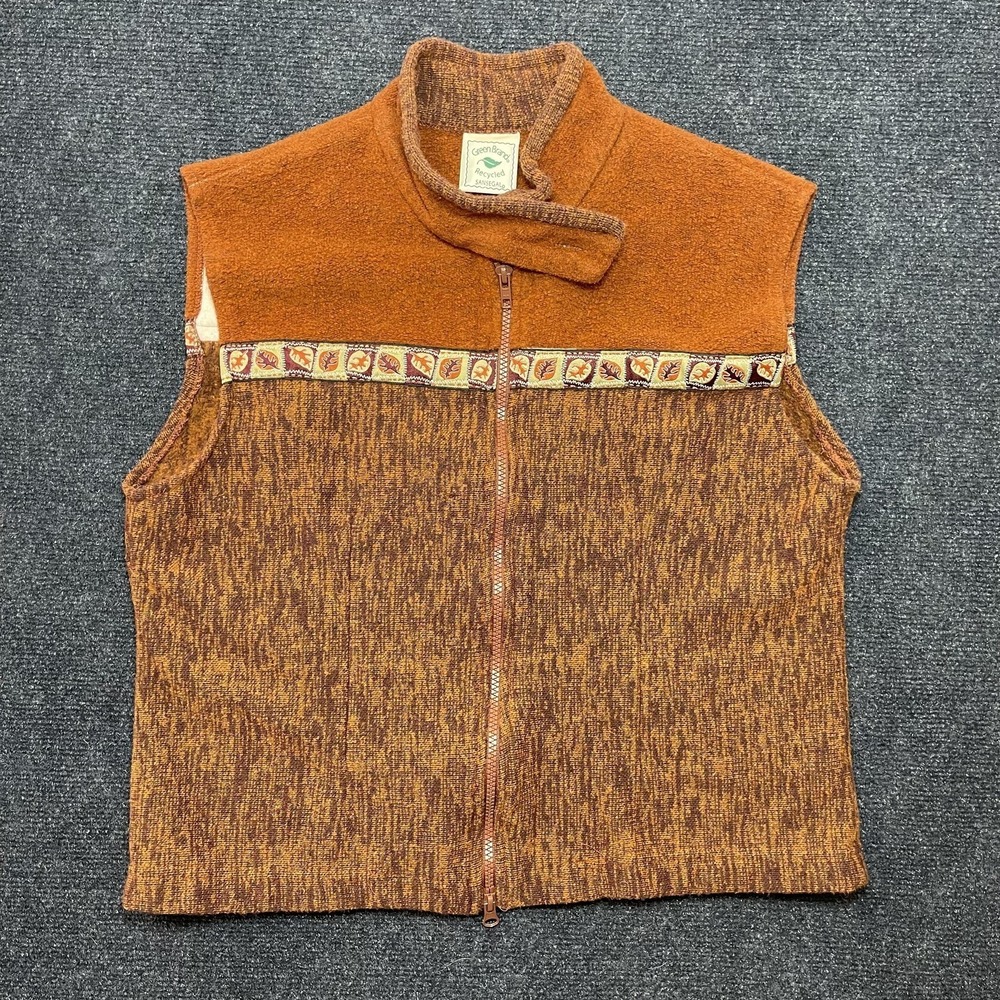 Green Brand Sweater Vest Womens Large Brown Mock Neck Full Zip Leaf Trim Knit